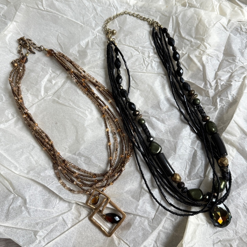 2 Multi-Strand Statement Necklaces | Black & Bronze Beaded Bundle | Boho Chic
